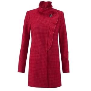 Cabi Red Celebration Houndstooth Jacket Coat Ruffled Mock Neck Size Large